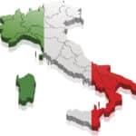 Carte de l'Italie avec le drapeau italien, pour représenter la création d'une entreprise en Italie.