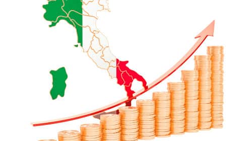 la carte de l'Italie aux couleurs du ddrapeau italien et des histogrammes à base de pièces pour représenter le thème de la comptabilité des sociétés en Italie