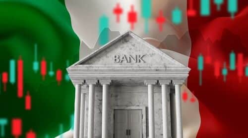un bâtiment avec le mot banque en anglais et le drapeau italien, pour évoquer le sujet de l'ouverture d'un compte bancaire en Italie.