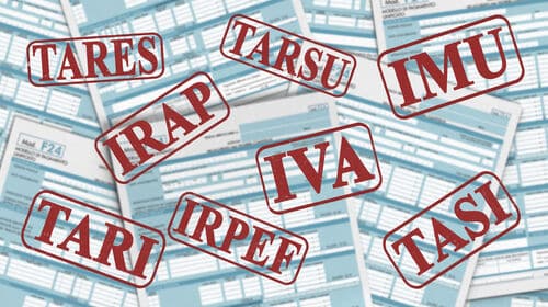 acronymes italiens en liens avec les taxes en Italie comme IVA, TASI, IMU; TARES? TARI, IIRAP, pour symboliser le thème de la fiscalité des entreprises en Italie